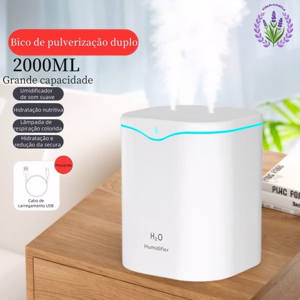 Umidificador Grande 2000ml Saída Dupla Luzes LED's Coloridas Silencioso e Neblinas Controláveis