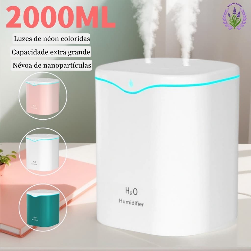 Umidificador Grande De Ar 2 Litros Para Quarto Silencioso e Aromatizador Saída Dupla Luzes Coloridas