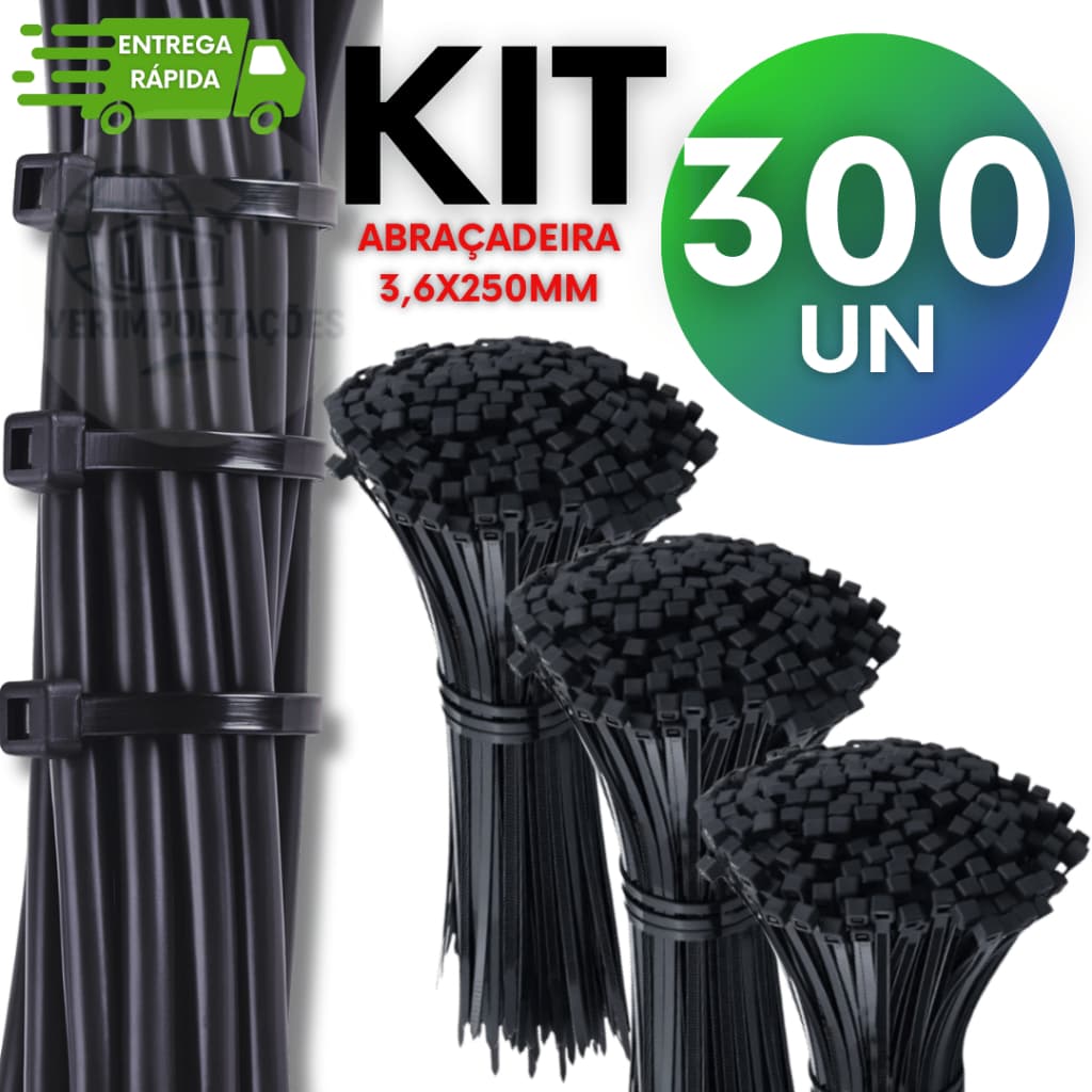 KIT 300 Abraçadeira Nylon Enforca Gato 25cm 3,6mm Cintas Plásticas Fita Hellermann Preta