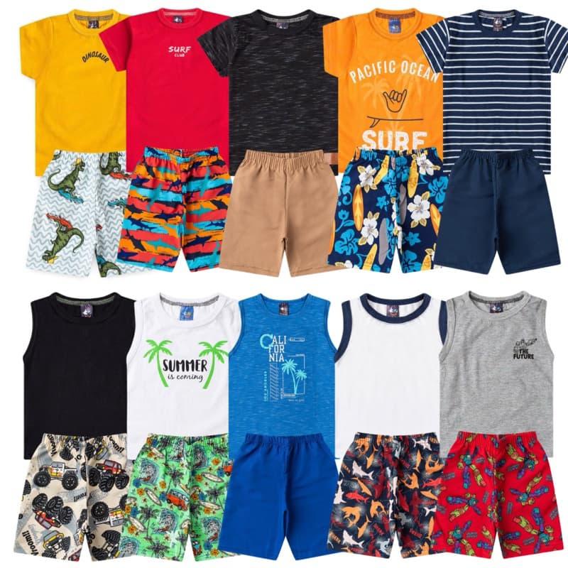 Kit Sortido 2 l 4 l 6 l 8 l 10 Peças Infantil Menino Verão – Conjuntos Confortáveis | Roupas Premium do 1 ao 8