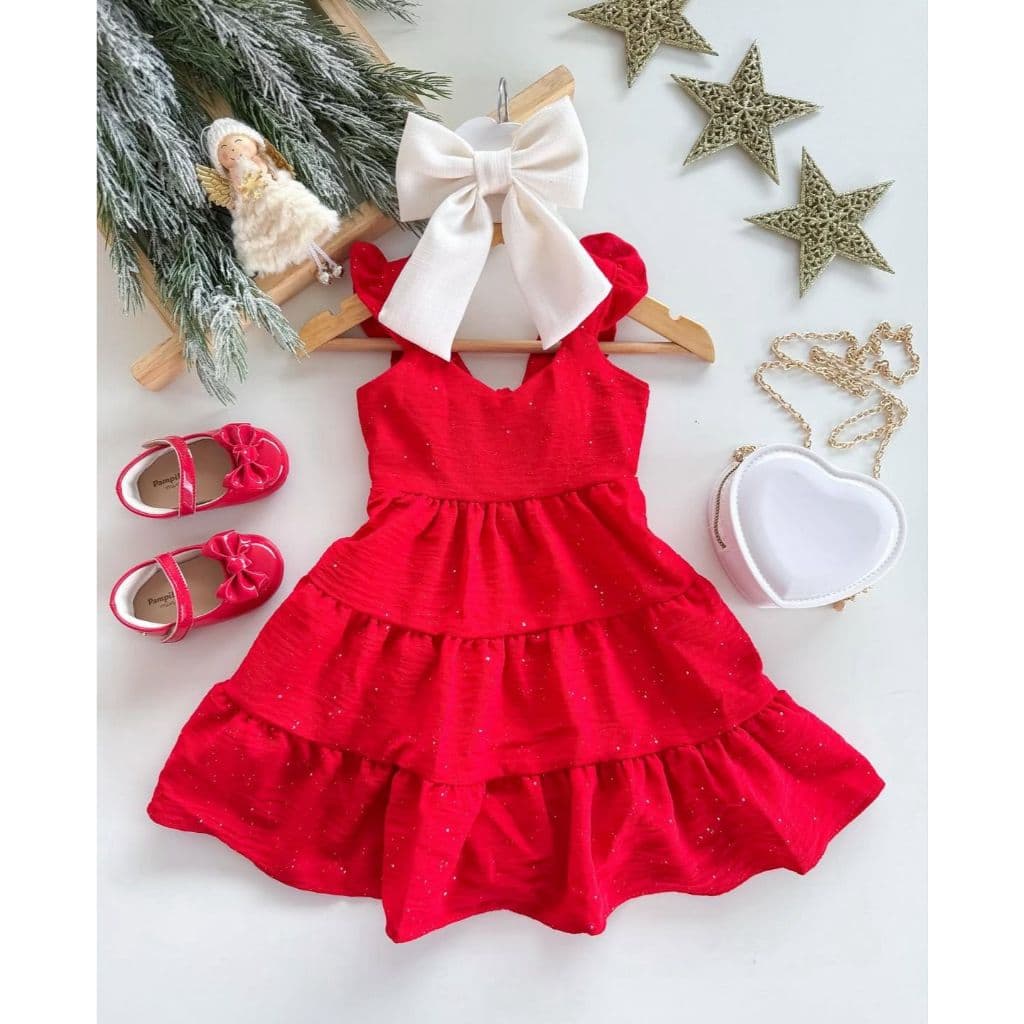 Vestido Infantil Três Marias de Brilho Branco Menina Ano novo Festa