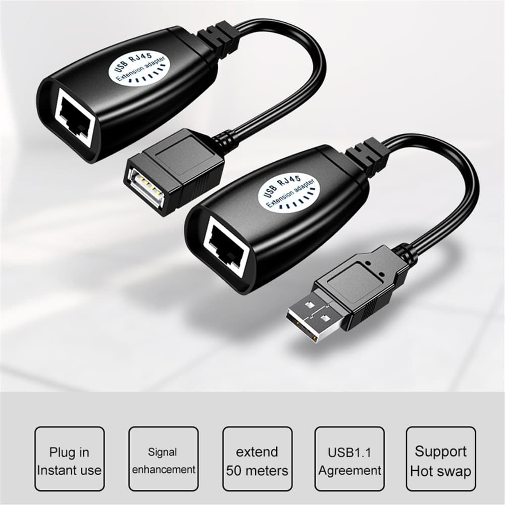 Adaptador de extensão 1 par usb para rj45 lan cabo extensor sobre cat5 rj45 cat6 patch cord preto acessórios de rede