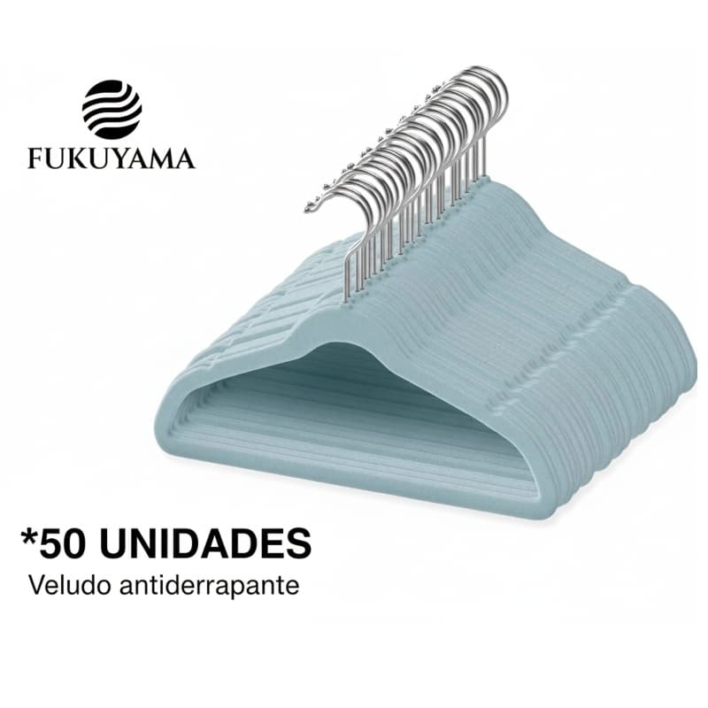 KIT 50 CABIDES DE VELUDO AZUL INFANTIL FUKUYAMA Ultra Fino Com Gancho Giratório 360°