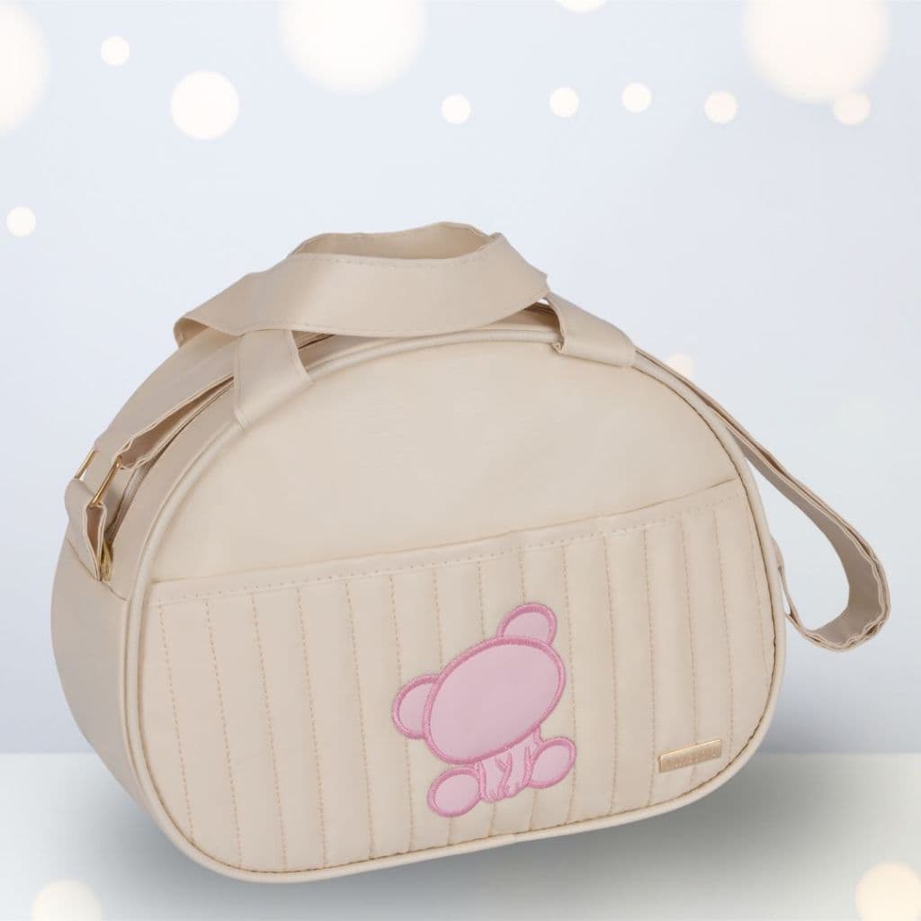 Bolsa Maternidade pequena Bege com Urso Bordado Rosa