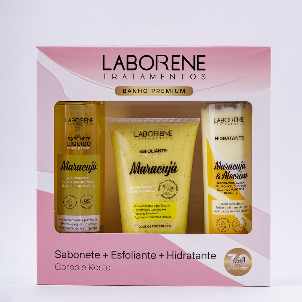 Kit Banho Premium Corpo E Rosto Maracujá  Sabonete Liquido 200ml, Hidratante 200ml e Esfoliante 170g - Laborene