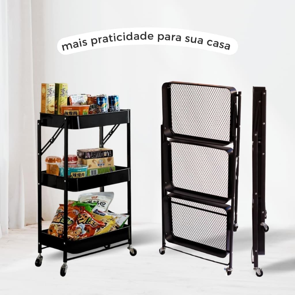 Carrinho Multiuso Dobrável Com Rodinha 3 Cestas Metal Carrinho Organizador Multiuso 3 Andares