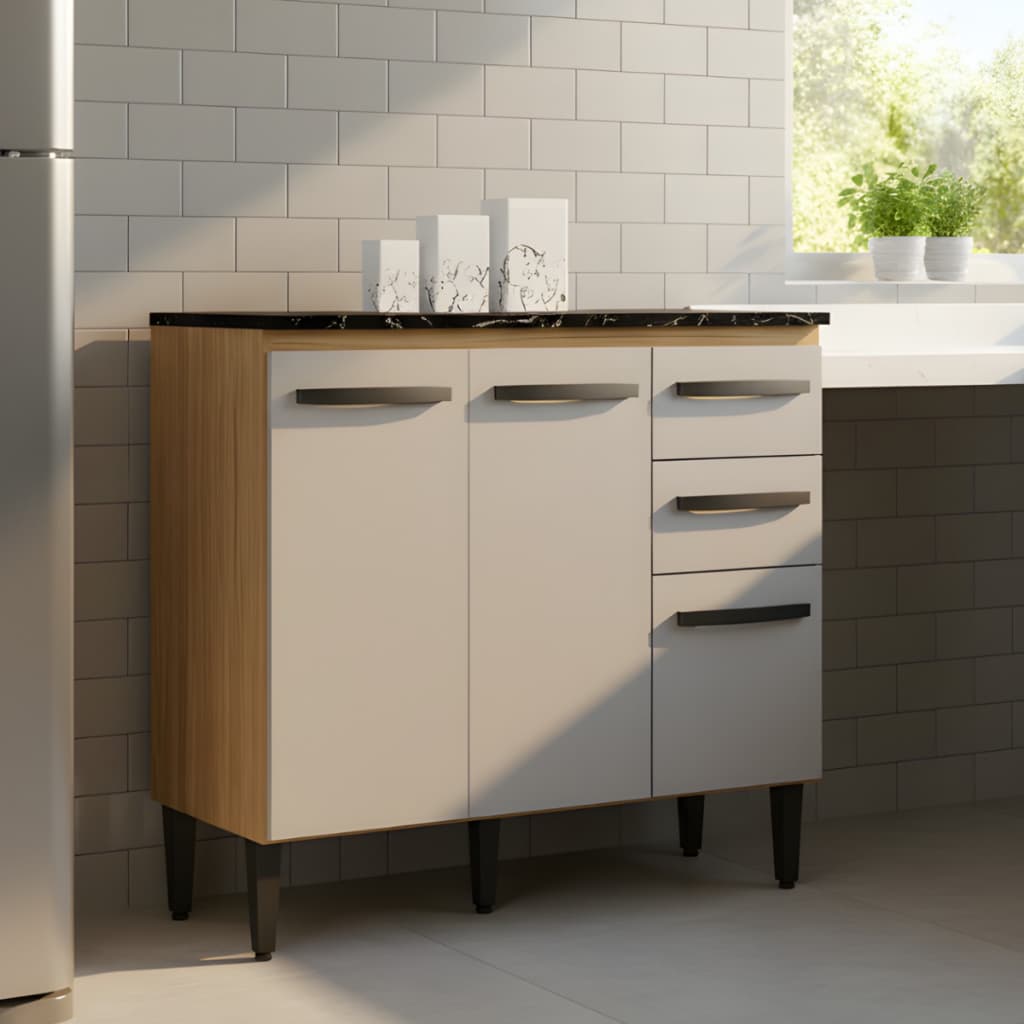 Armário Cozinha Balcão 2 Portas 3 Gavetas Organizador Multiuso Isadora