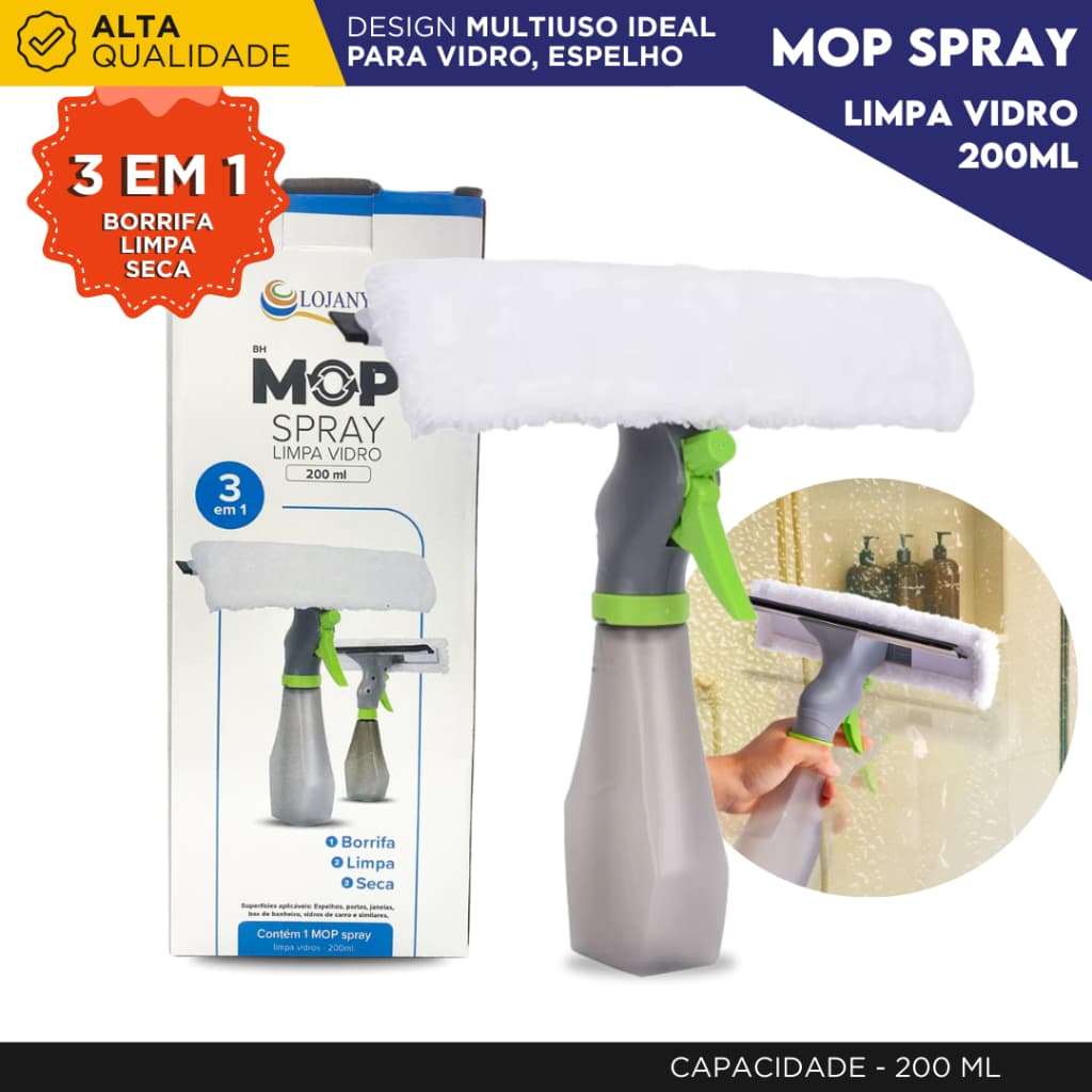 Rodo Mop Spray Limpa Vidro 3 em 1 200ml Borrifa Limpa e Seca Limpador de Vidros com Reservatório -NY