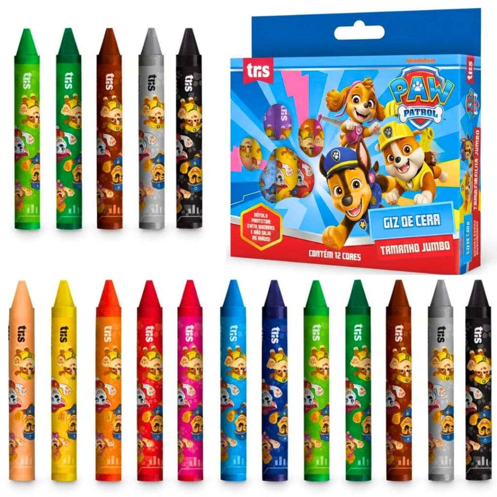 Giz De Cera Grosso Jumbo 12 Cores Patrulha Canina Para Criança Material Escolar Infantil Volta às Aulas