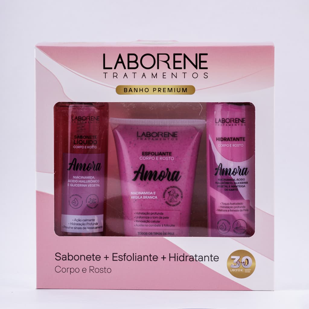 Kit Banho Premium Sabonete Liquido 200ml, Esfoliante 170g E Hidratante 200ml Amora - Laborene Para Corpo E Rosto