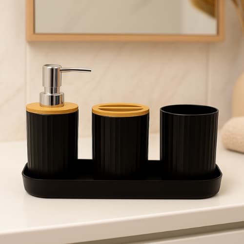 Kit Lavabo 3 Peças Conjunto de Pia Banheiro Bandeja Decorativa Dispenser Porta Escovas Utilidades
