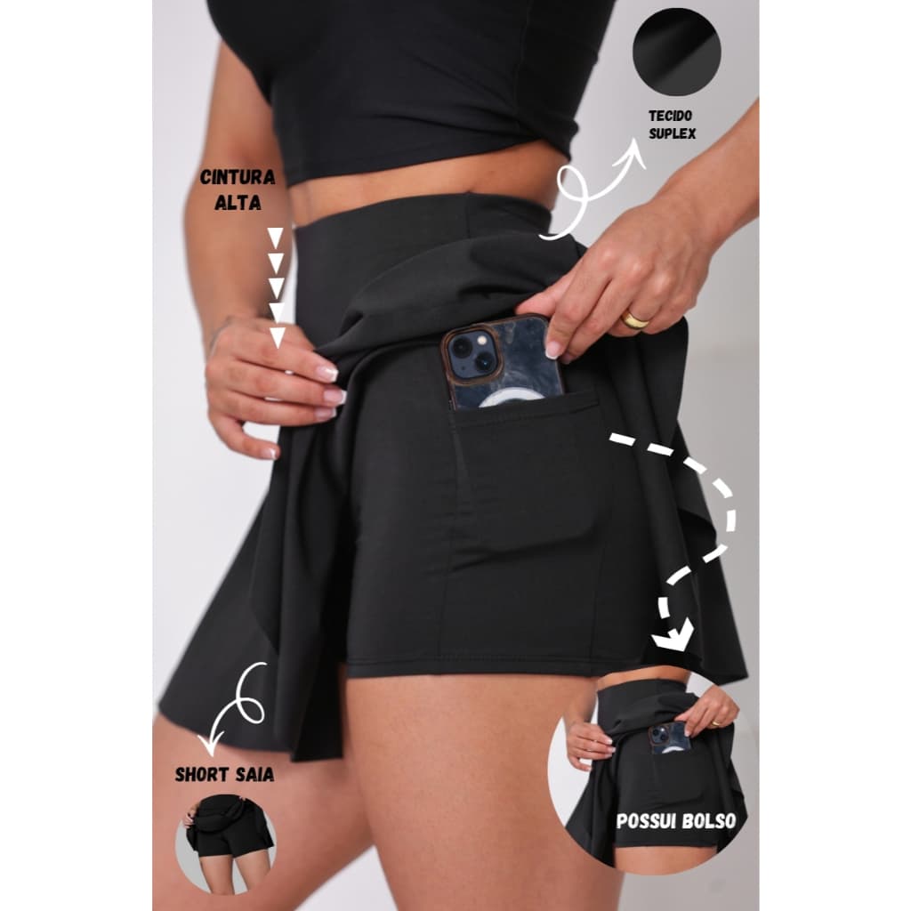 Short Saia Babado Com Bolso Cintura Alta Suplex Fitness WOLFOX