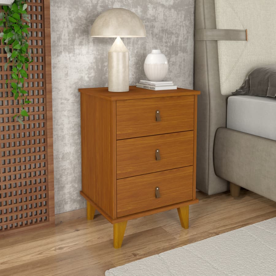 Mesa de Cabeceira Retro com 3 Gavetas Puxador Moderno em Couro Ecológico com Pes em Madeira - Grécia