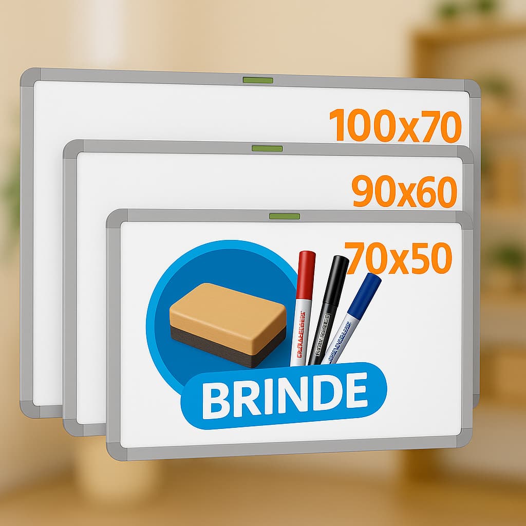 Lousa Quadro Escolar Branco + Apagador e 3 Macadores Moldura MDF Aluminizado