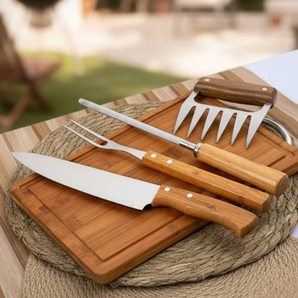 Kit para Churrasco Garra + Faca + Garfo + Chaira + Tábua com sulco e Alça de aço 100% Bambu