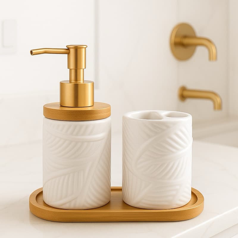 Kit Banheiro Lavabo Porta Sabonete Liquido Dispenser Porta Escova de Dente Cerâmica Luxo