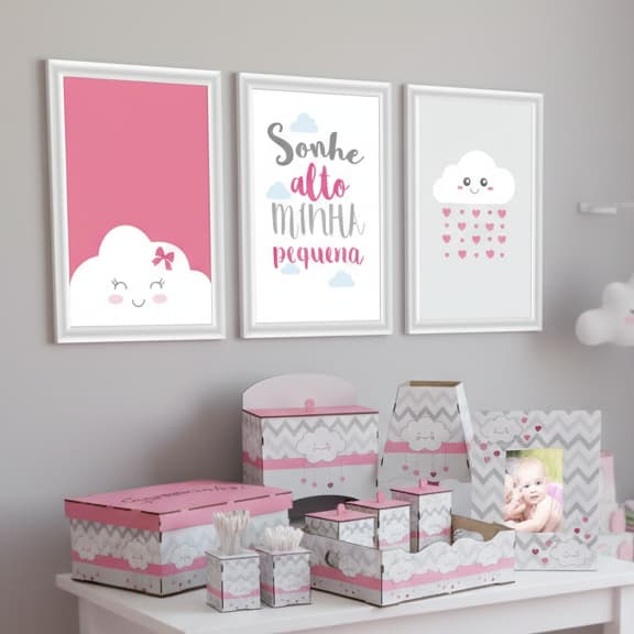 Kit Bebe Higiene Com Trio De Quadrinhos Decoração Nuvem Rosa Organizador Maternidade Menina