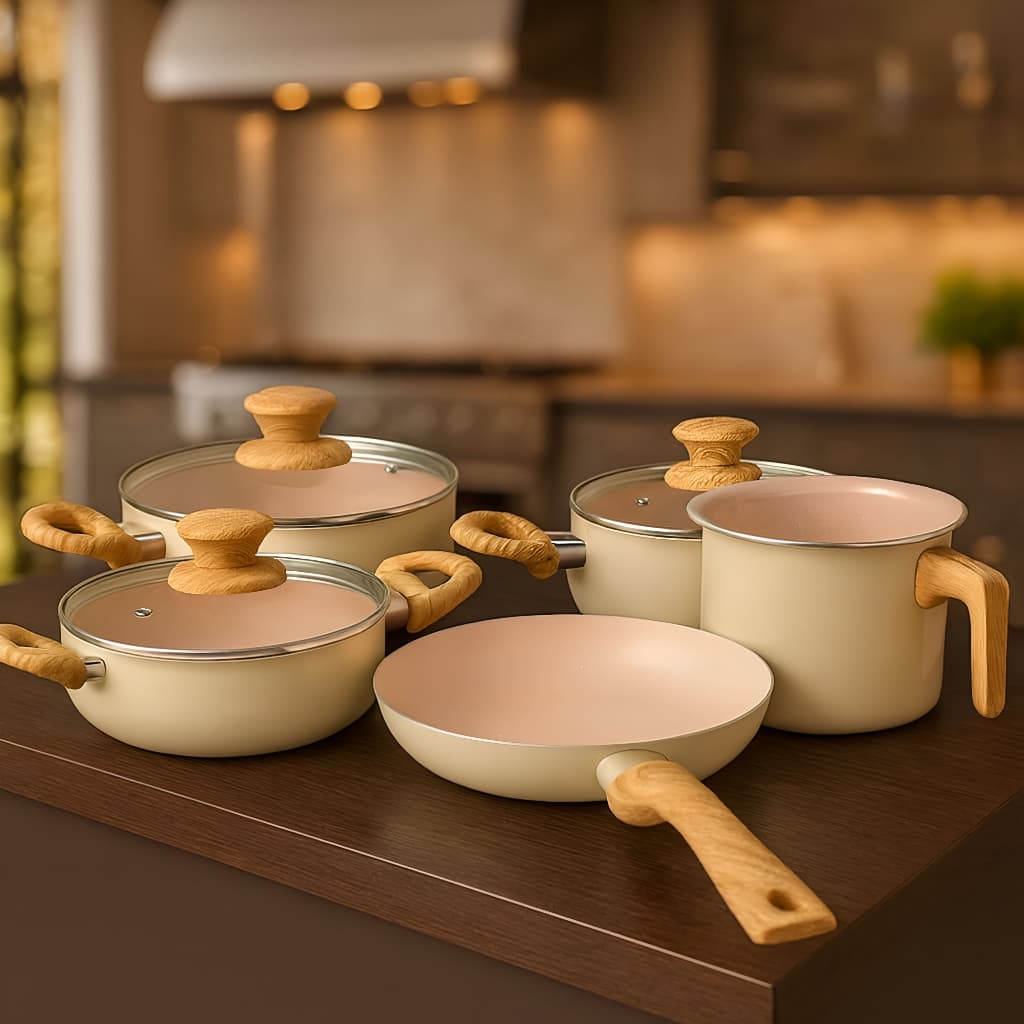 Jogo de Panela 5 Peças Antiaderente Premium Indução Com Cabo de Madeira