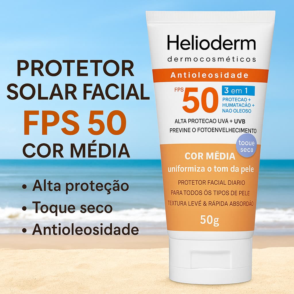 Protetor Solar Facial Helioderm Oil Free 3 em 1 FPS 50 Cor Bege Médio 50g