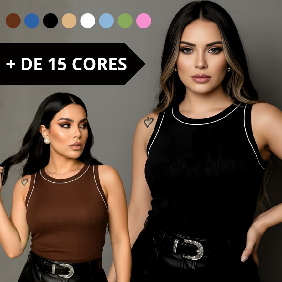 Regata Blusa Feminina Com Detalhe Na Gola Básica Algodão Canelada Ribana Moda Americana