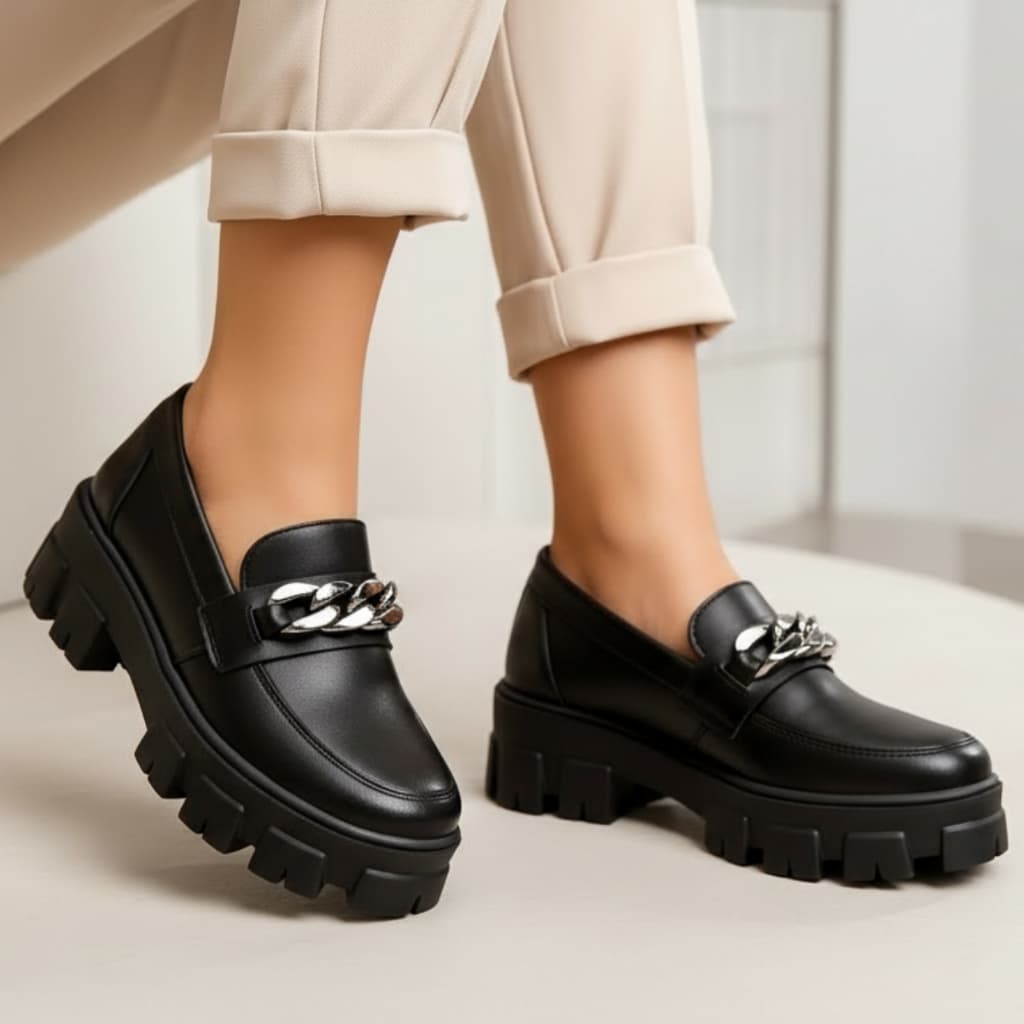 Mocassim Feminino Tratorado Preto Solado Grosso Borracha Antiderrapante Fashion Confortável