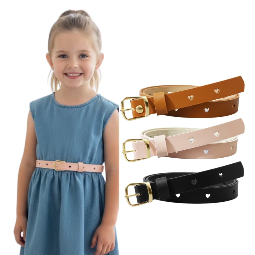 Kit 3 Cintos Infantil Fino Feminino Delicado com Coração para Meninas Fivela Dourada - Manuzinha