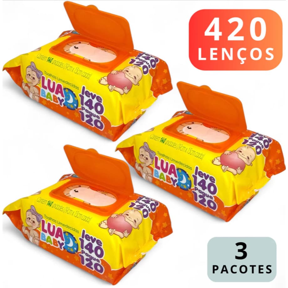 Kit Lua Baby 420 Lenços: 3 Pacotes. Limpeza suave, hidratação e proteção para pele sensível do bebê