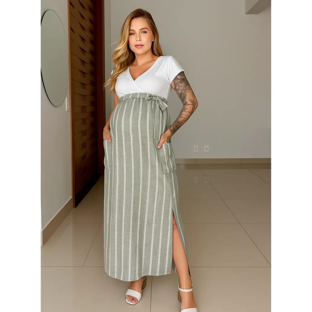 Vestido Longo Linho Social Gestante Bolso Lateral Conforto De Amamentar