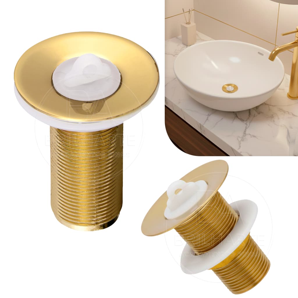 Válvula Para Lavatório Dourado Brilhante Metal Pia Banheiro Cuba Ralo 7/8 Luxo