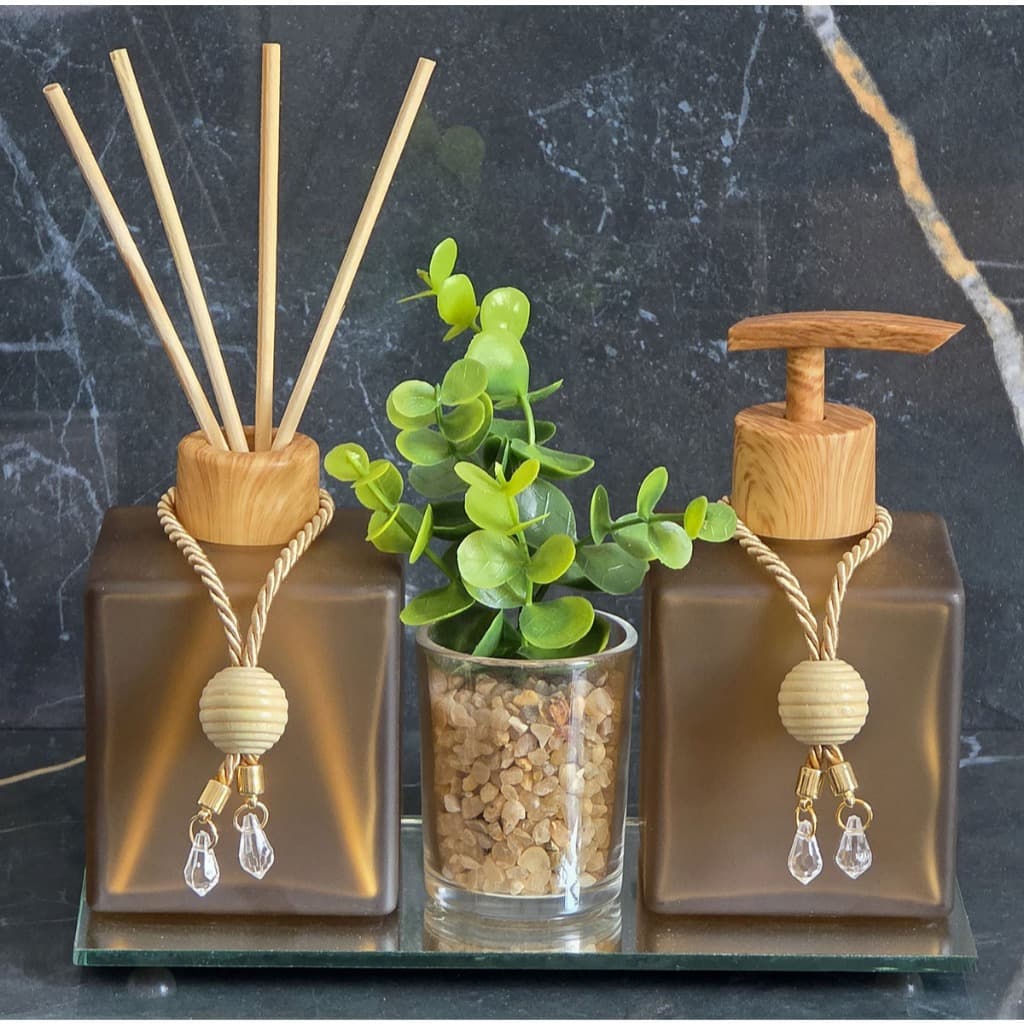 Kit Lavabo Rustico Bronze Madeira Com Bandeja e Enfeites