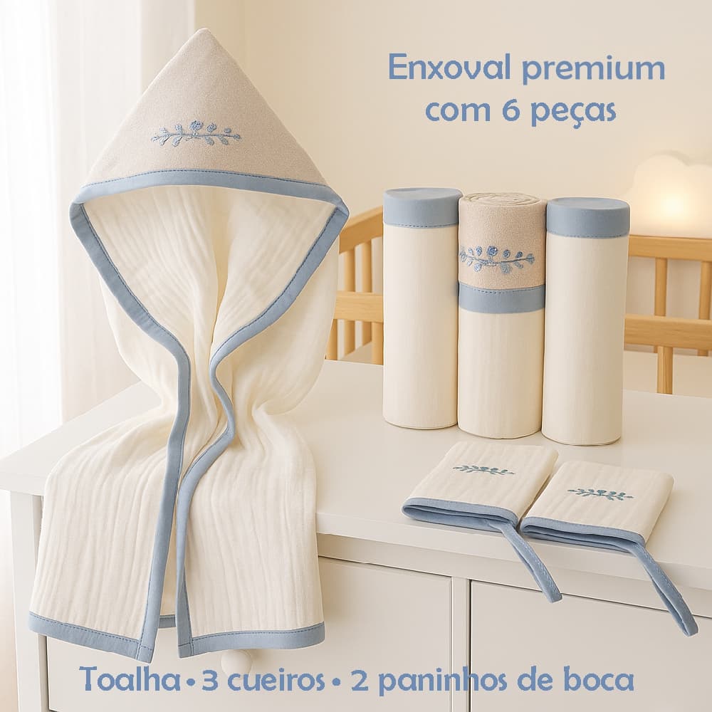 Kit Enxoval Bebê 6 Peças em Algodão Premium 1Toalha Soft + 3 Cueiros + 2 Paninhos de Boca Envio Imediato