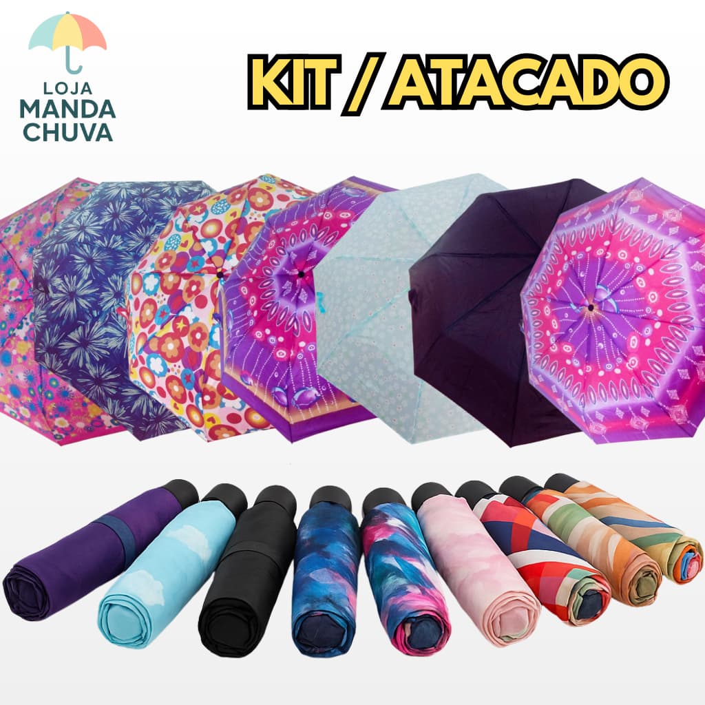 KIT 6/10/16 Guarda Chuva Sombrinha reforçada de bolsa dobravel grande e resistente mini estampada e preta no atacado