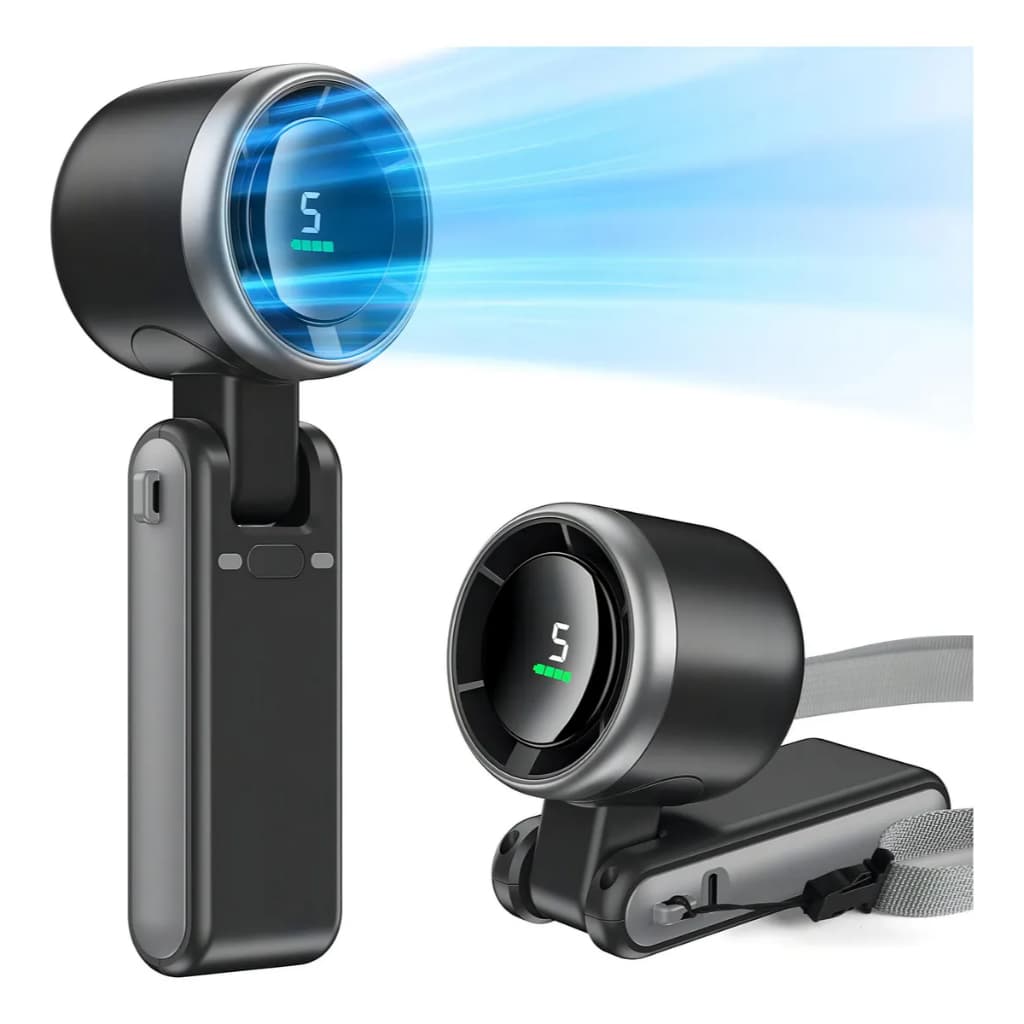 Ventilador Portátil Recarregável 5 Velocidades Display Digital USB Cinza