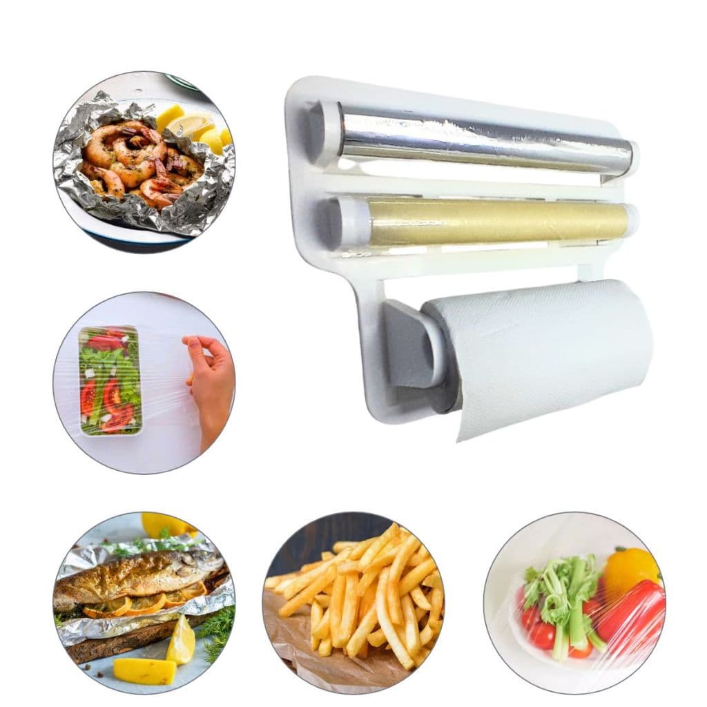 Organizador de Papel Toalha Papel Filme Papel Alumínio Suporte para Rolos CozinhaTriplo Branco