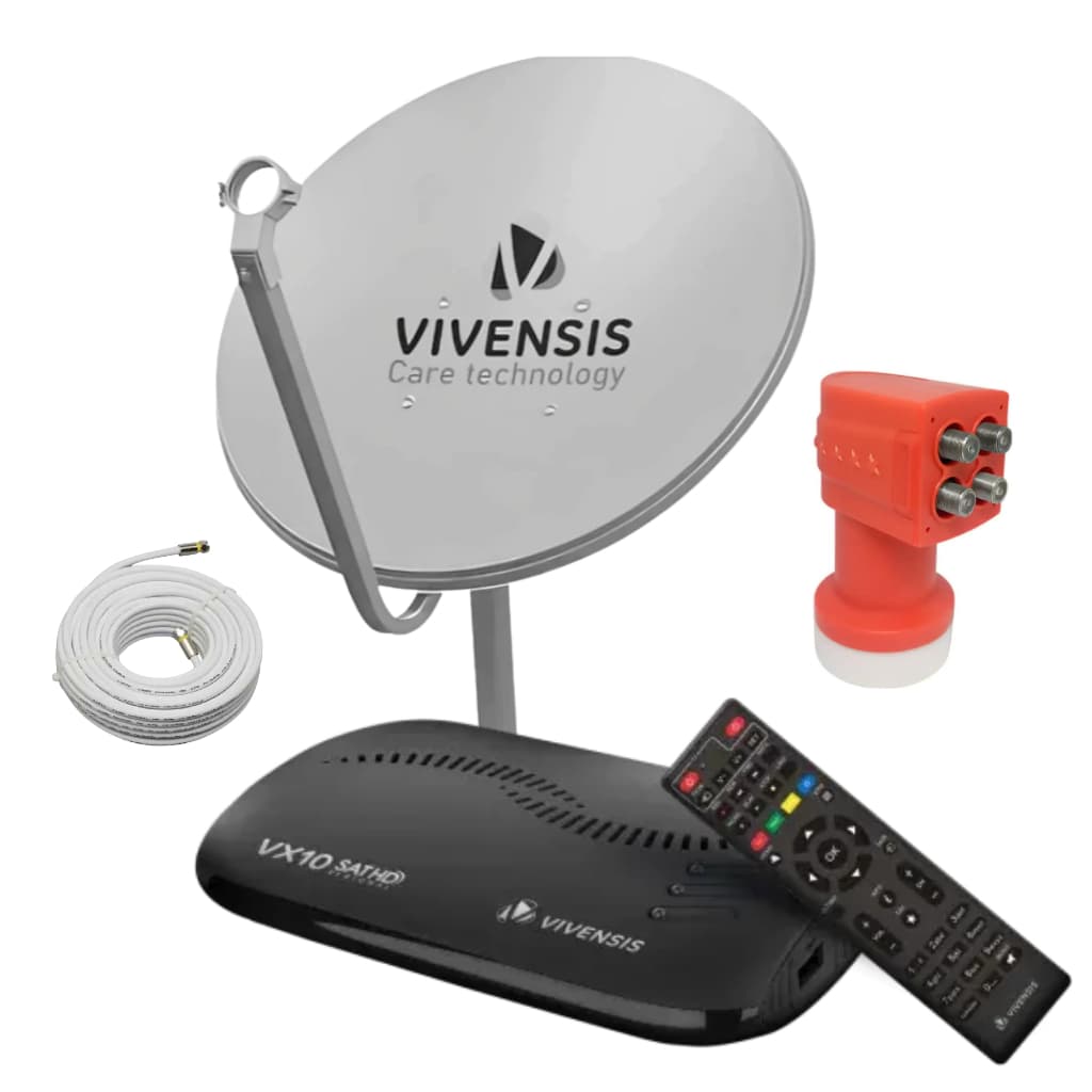 Kit Receptor Vivensis Vx10 Com Parabólica 60cm Cabo Coaxial de 15 metros, LNBF QUADRUPLO, Conectores