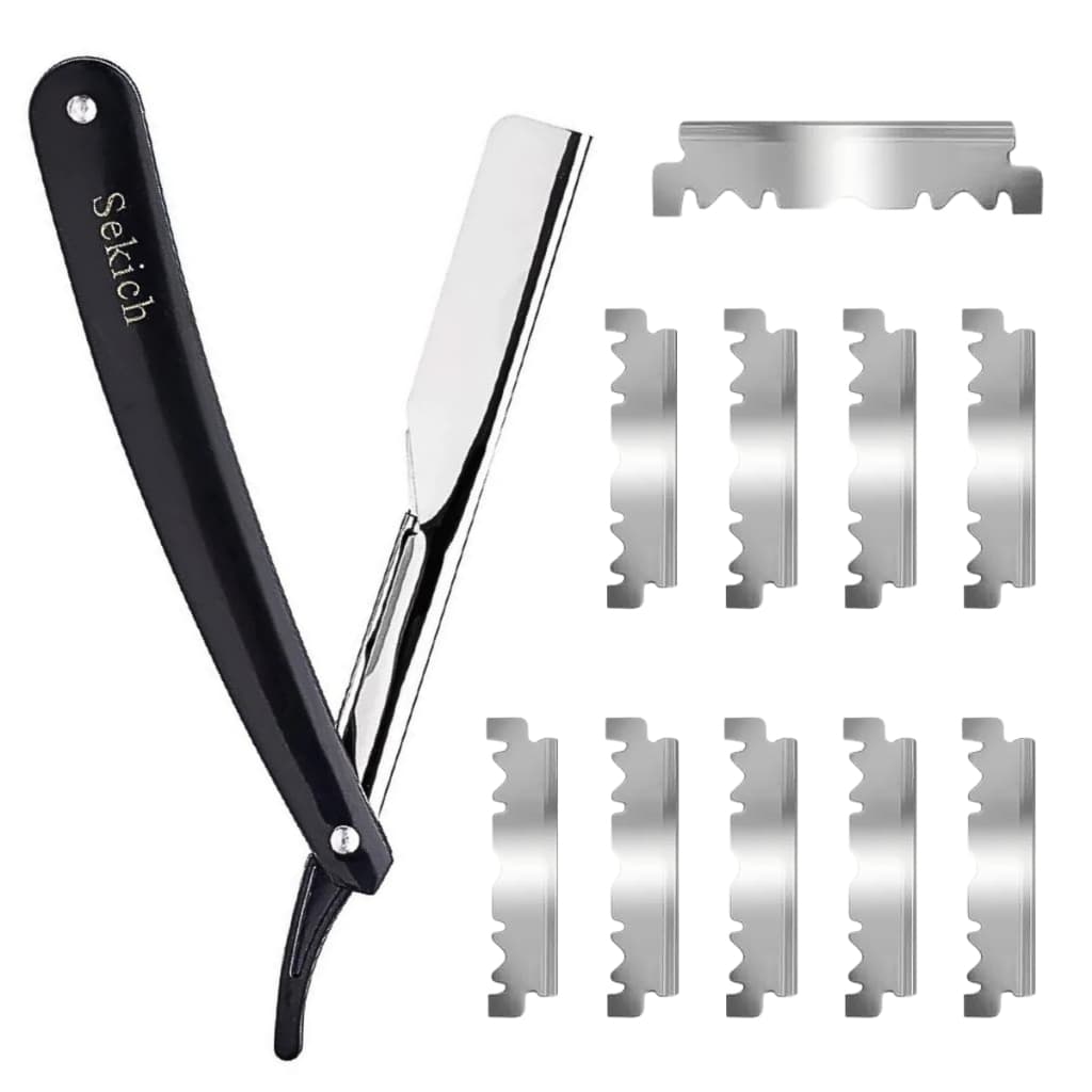 Kit Navalha Navalhete Profissional Barbeiro + Lâminas Aço Inox Acabamento Barba Sobrancelha