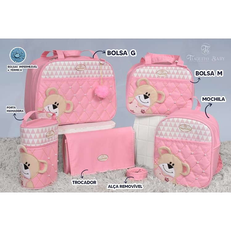 Kit Bolsa de Bebê maternidade Ursa de Lado 5 Peças (Rosa)
