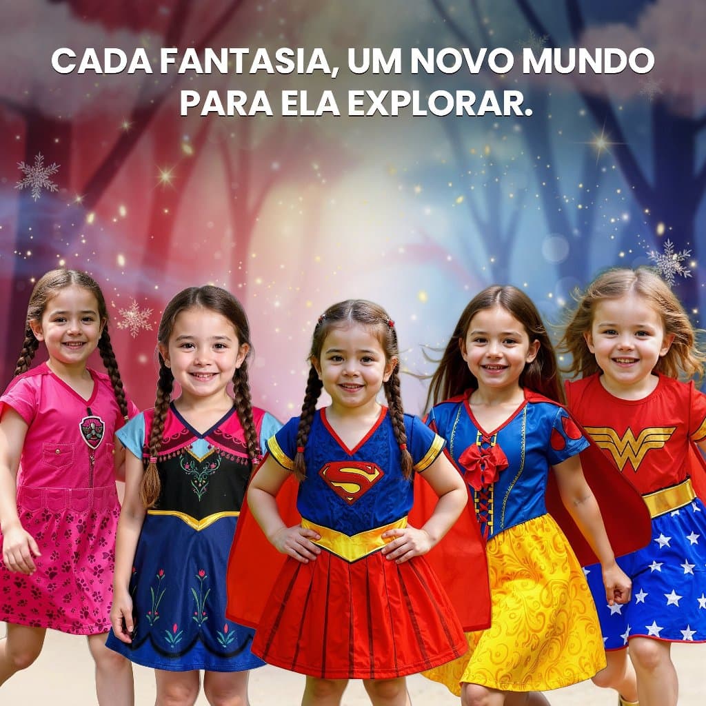 Fantasia Infantil Menina Princesa Cosplay Anna Elsa Supergirl Mulher Maravilha Skye Capa Festa