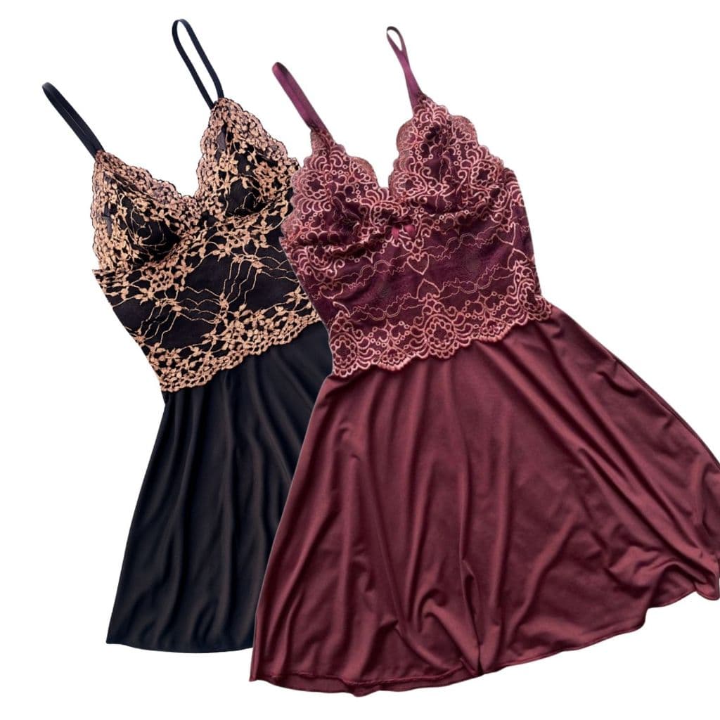 Mit Lingerie Kit 2 Vestido Camisola Sensual De Renda Sem Bojo Com Microfibra e Regulagem