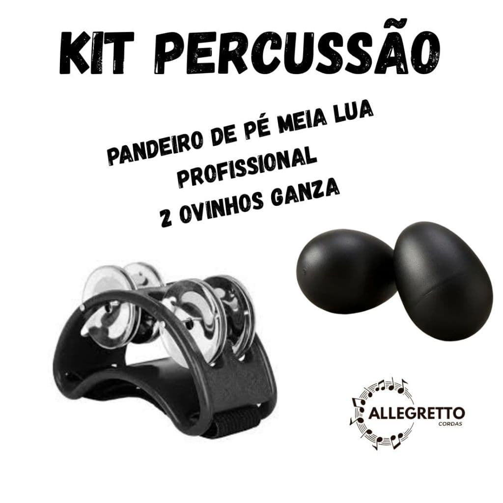 Kit de Pandeiro de Pé e 2 Ovinhos Chocalho Ganza de Percussão Cor Preto