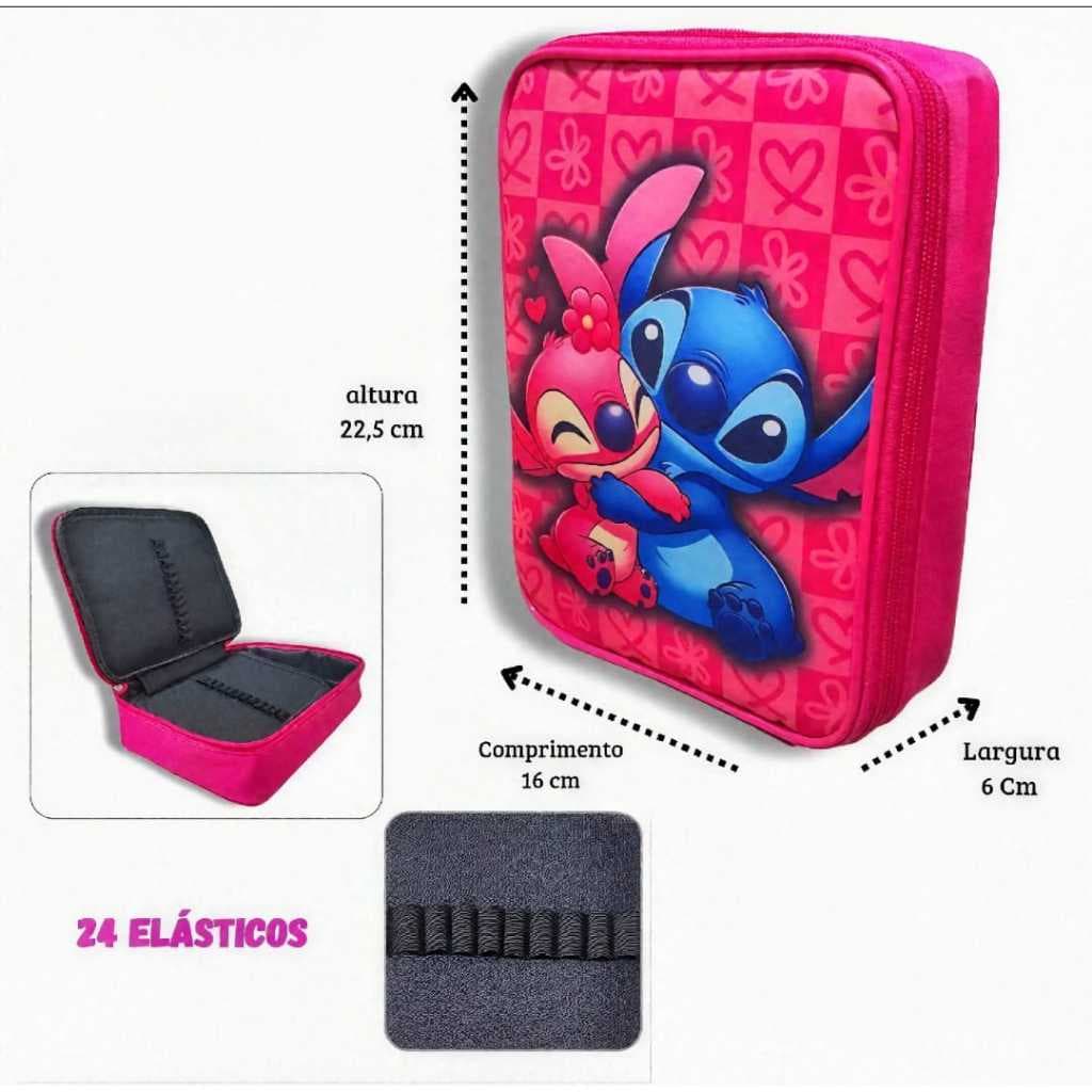 Estojo Box Infantil Grande 24 elasticos | Stitch e personagens | Escolar Menina