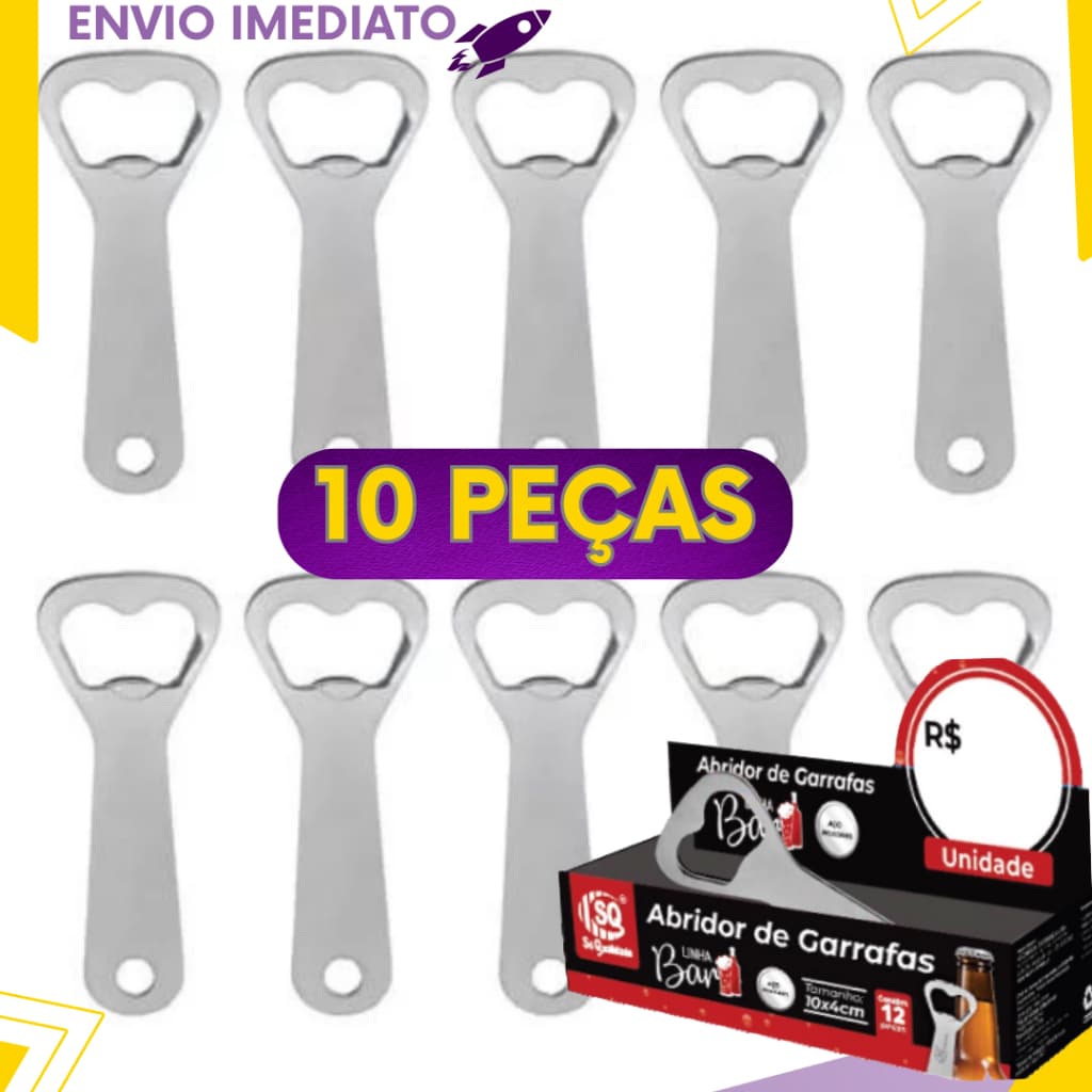 Kit 10 Abridores de Garrafa em Aço Inox Resistente - Modelo Boteco 10cm