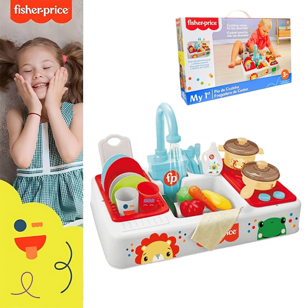 Fisher Minha Primeira Pia de Cozinha, Sistema de ciclo de água corrente, brinquedo de faz de conta com 27 peças