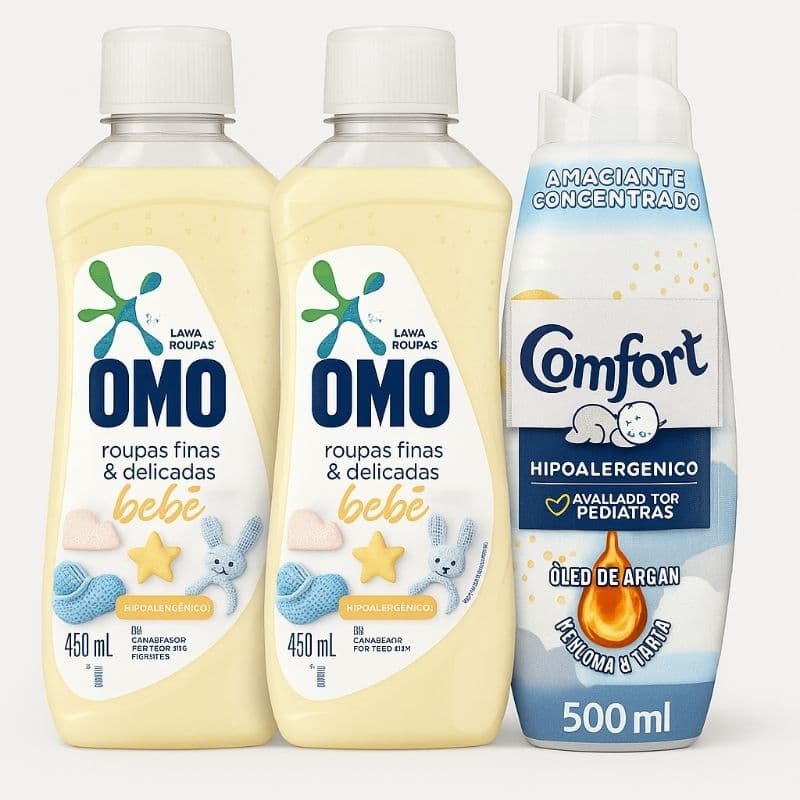 Kit Completo para Lavanderia do Bebê – OMO + ComfortEste kit inclui 2 Lava Roupas OMO Bebe 1 Comfort Puro 500ml