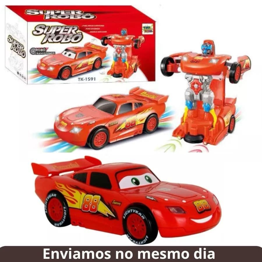 Carrinho Relâmpago Mcqueen Vira Robô Com Luz e Som Bate Volta Transformer