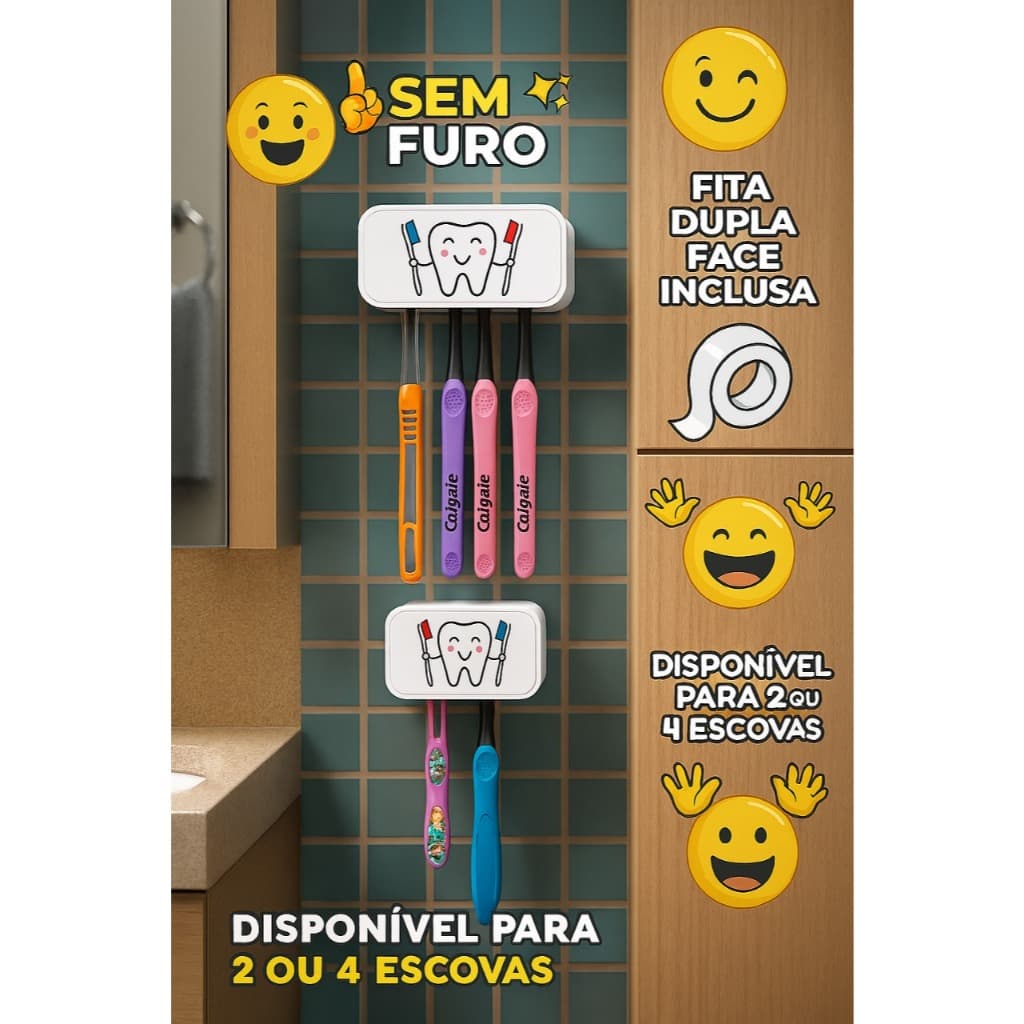Porta Escovas Dente Parede - Fita Dupla Face - Fixação Sem Furo - 2 Escovas 4 Escovas Personalizado