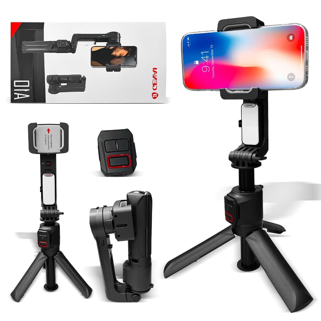 Gimbal para Celular GENAI A10 | Selfie Stick com Tripé Controle Remoto Luz LED Antivibração Dobrável