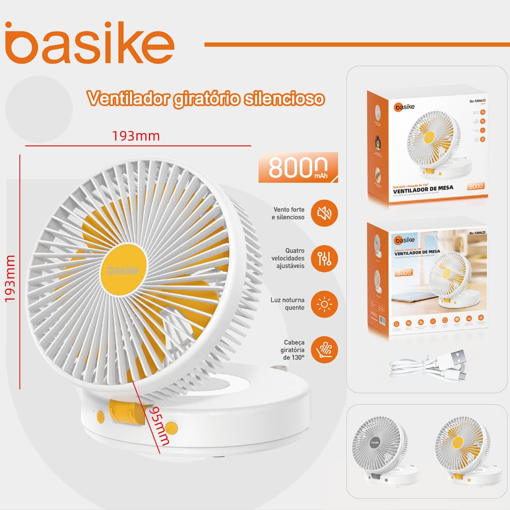 Basike Ventilador silencioso com rotação LED bateria interface TipoC velocidade de 10000RPM