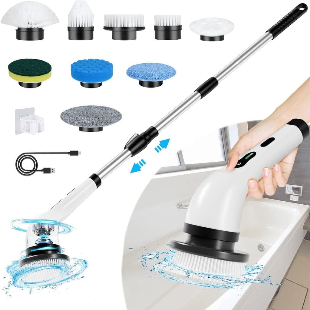 Escova Elétrica 9 em 1 Recarregável Giratória para Limpeza de Janelas Cozinha Banheiro com Cabo Alongador Ajustável -D10