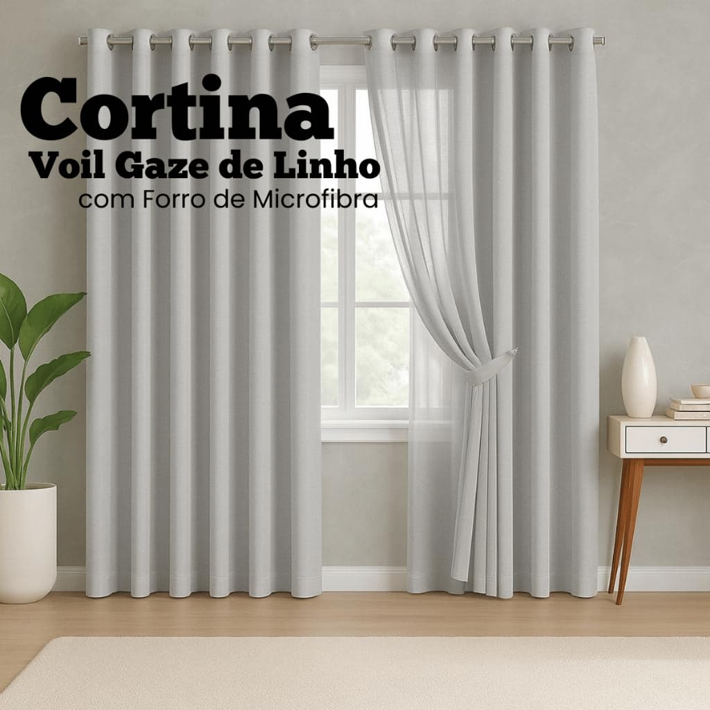 Cortina Voil Gaze de Linho 6,00 x 2,40/2,50/2,60/2,80 c/ Forro de Microfibra